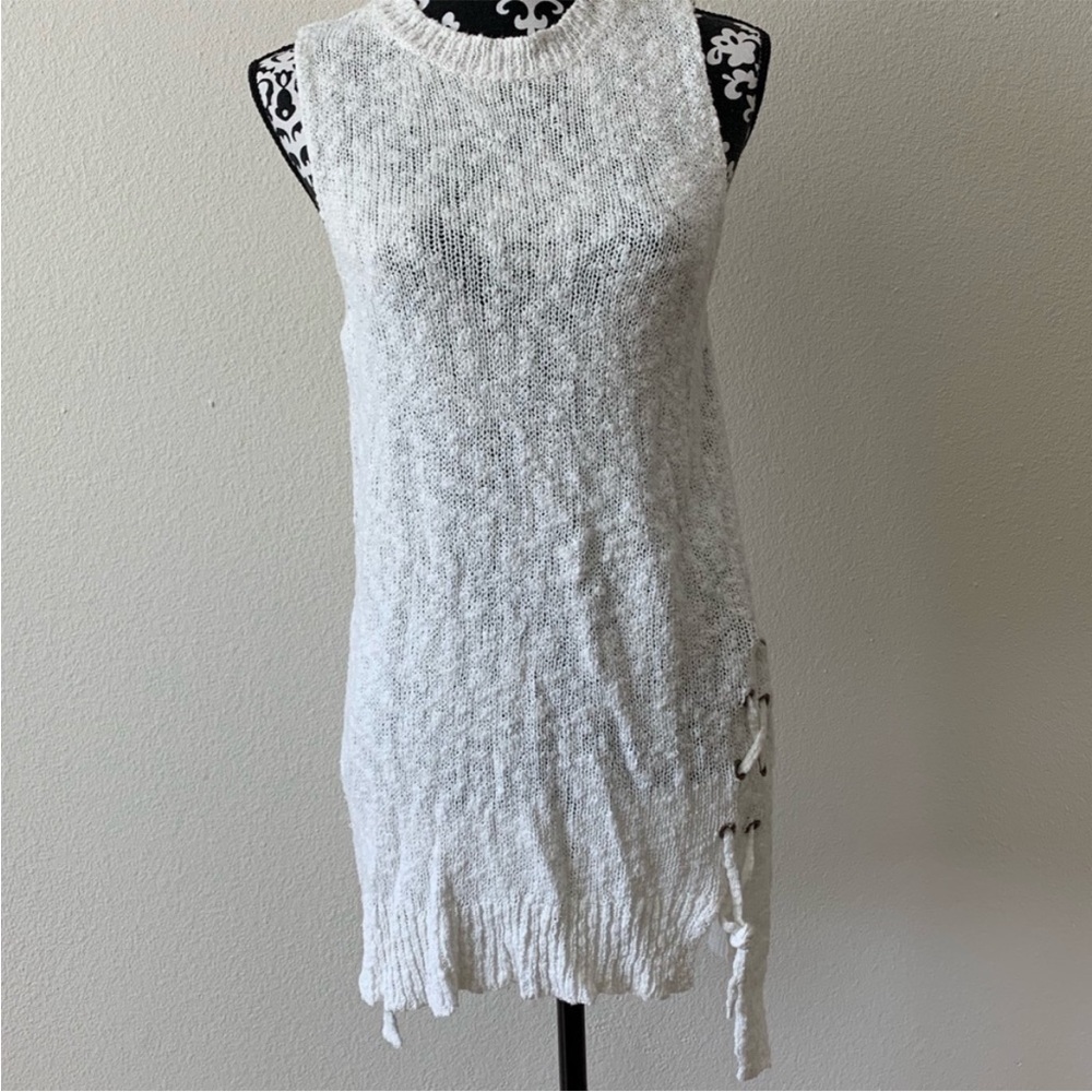 Sun & shadow White knit beach coverup sweater laced tunic dress size med boho